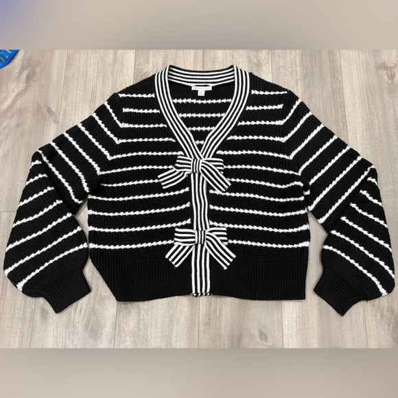 Cato Black and White Striped Cardigan with Bow Details Size XL - Picture 2 of 8